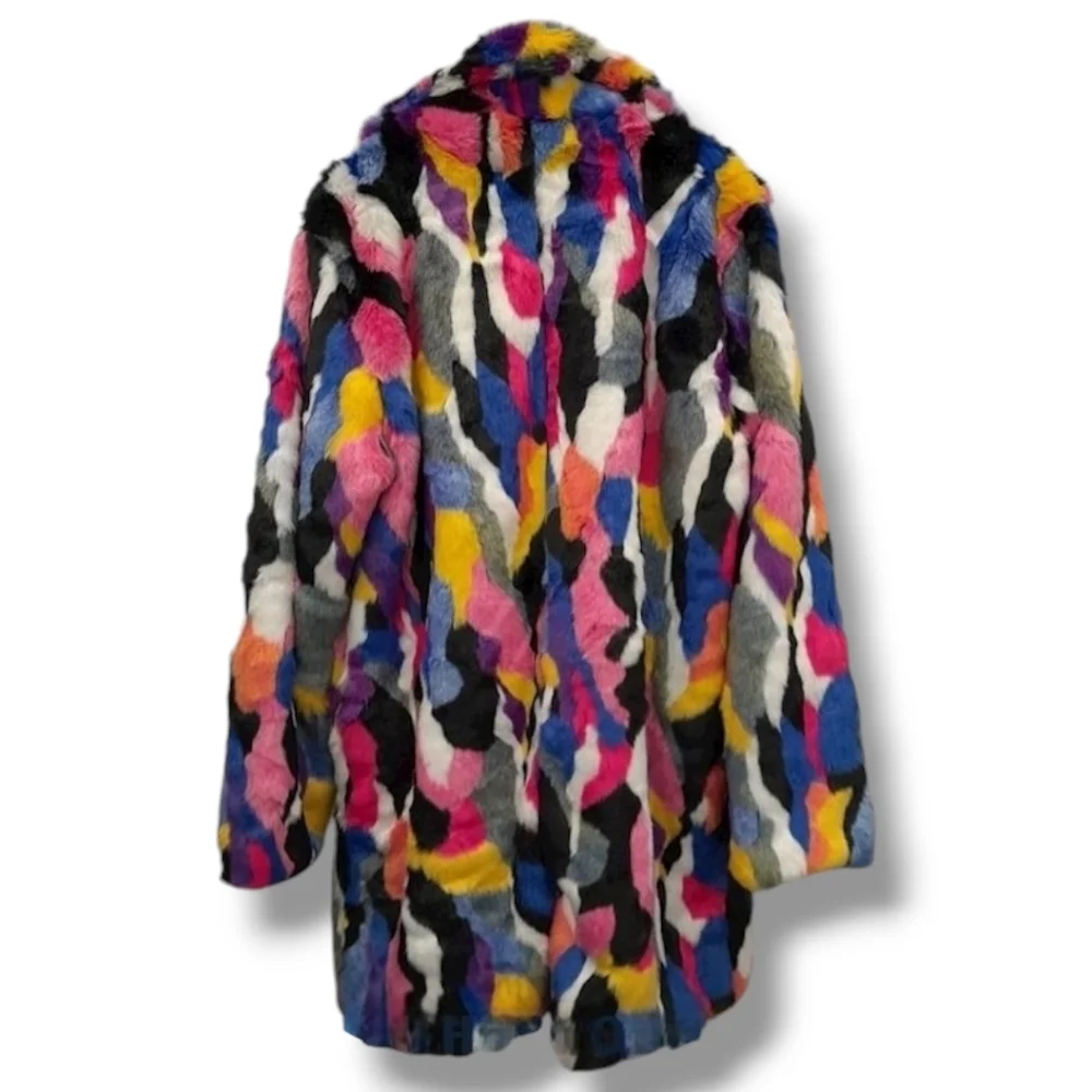 MATT SARAFA RAINBOW Faux Fur SILK Lined Coat NWOT, OG Length, Custom Made - Picture 2 of 16